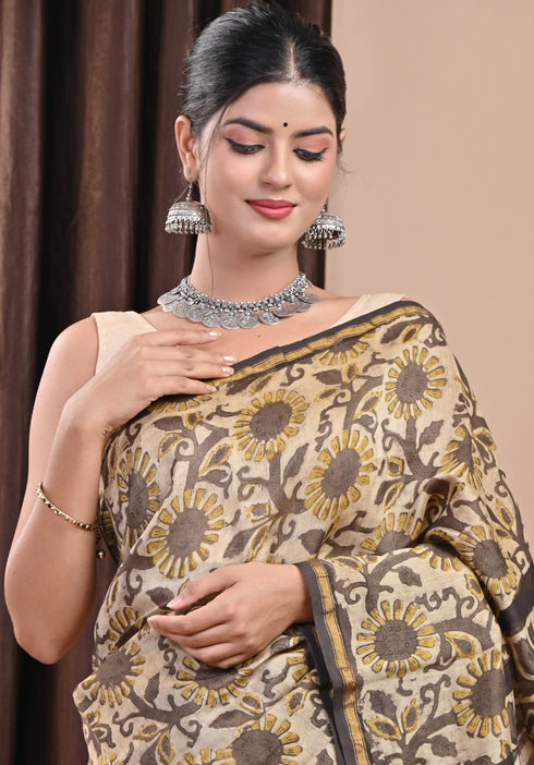 Floral Jaal Ajrak Print Chanderi Silk Saree (CHSAR37)